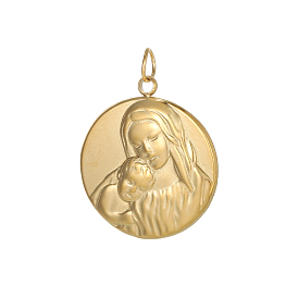 304 подвески из нержавеющей стали, плоский круглый с подвесками Девы Марии, ионное покрытие (ip), с целью перехода в кольце