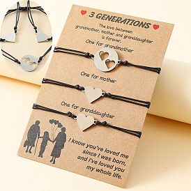 Stylish Stainless Steel Hollow Heart Mother's Day 3-Generation Handmade Braided Bracelet Set (Pack of 3)