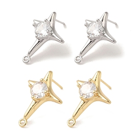 Brass with Clear Cubic Zirconia Stud Earring Findings, Star