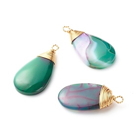 Dyed & Heated Natural Agate Pendants, with Eco-Friendly Real 18K Gold Plated Copper Wire, Teardrop