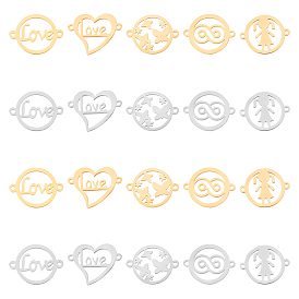 20Pcs 10 Style 304 Stainless Steel Links Connectors, Laser Cut, Flat Round with Infinity & Girl & Butterfly & Word Love, Heart with Word Love
