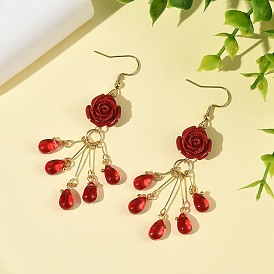 Boucles d'oreilles pendantes en corail synthétique et verre pour femmes, rose et larme