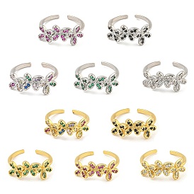 Flower
 Rack Plating Brass Micro Pave Cubic Zirconia Open Cuff Rings for Women, Cadmium Free & Lead Free, Long-Lasting Plated