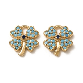 Saint Patrick's Day Synthetic Turquoise Pendants, Brass Micro Pave Blue Cubic Zirconia Four-Leaf Clover Charms, Nickel Free