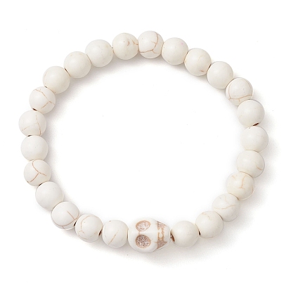 8.5mm Round Gemstone Beaded Stretch Bracelets, Halloween Skull Synthetic Turquoise Bracelets for Women Men
