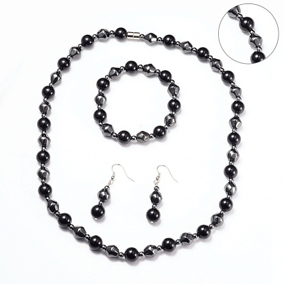 Necklaces & Stretch Bracelets & Dangle Earrings Jewelry Sets, with Stainless Steel Findings, Magnetic Synthetic Hematite and Natural Black Agate Beads