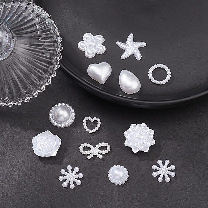 100Pcs 12 Styles ABS Plastic Imitation Pearl Cabochons, Flower/Heart/Teardrop/Starfish/Bowknot/Ring
