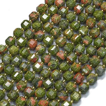 Natural Unakite Beads Strands, with Seed Beads, Faceted Table Cut Cube