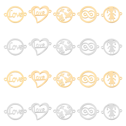 20Pcs 10 Style 304 Stainless Steel Links Connectors, Laser Cut, Flat Round with Infinity & Girl & Butterfly & Word Love, Heart with Word Love