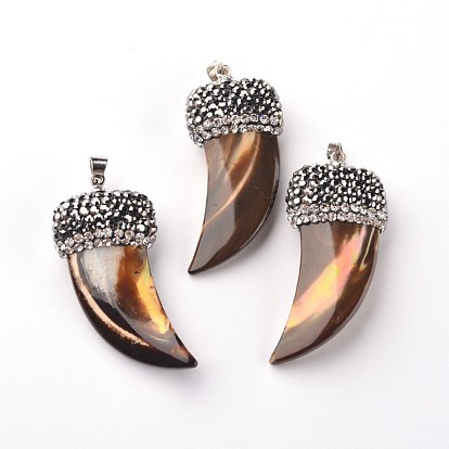 Итальянский подвески рога оболочки, с платиновым покрытием выводов из латуни и полимерной глины горный хрусталь, 38~39x17~18x8~9 мм, отверстие : 4x5 мм