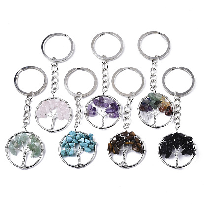 Natural Gemstone Chips Chakra Keychain, with Platinum Plated Stainless Steel Split Key Rings, Flat Round with Tree of Life