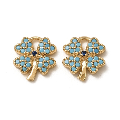Saint Patrick's Day Synthetic Turquoise Pendants, Brass Micro Pave Blue Cubic Zirconia Four-Leaf Clover Charms, Nickel Free