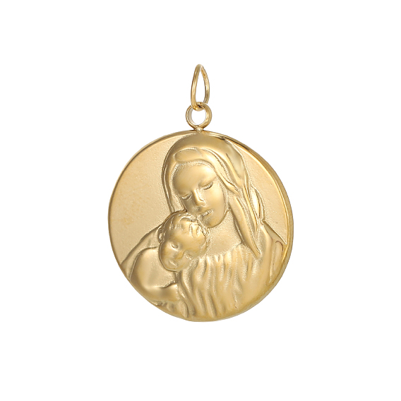 304 подвески из нержавеющей стали, плоский круглый с подвесками Девы Марии, ионное покрытие (ip), с целью перехода в кольце