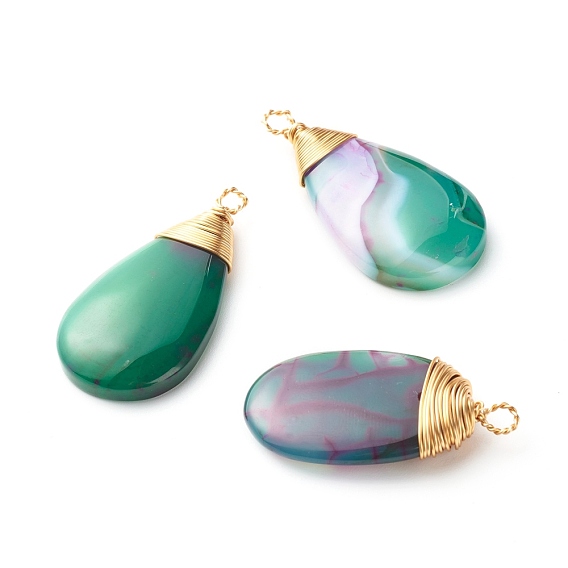 Dyed & Heated Natural Agate Pendants, with Eco-Friendly Real 18K Gold Plated Copper Wire, Teardrop