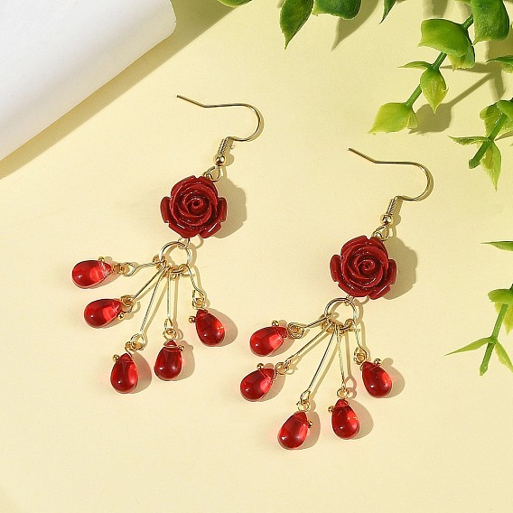 Synthetic Coral & Glass Dangle Earrings for Women, Rose & Teardrop