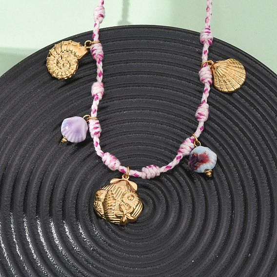 304 из нержавеющей стали шарм браслеты, плетеные браслеты из полиэфирного волокна для женщин, форма раковины и ракушки, с фарфором