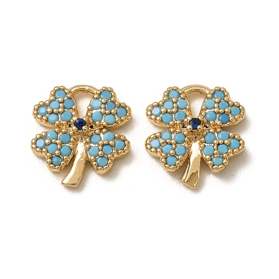 Saint Patrick's Day Synthetic Turquoise Pendants, Brass Micro Pave Blue Cubic Zirconia Four-Leaf Clover Charms, Nickel Free