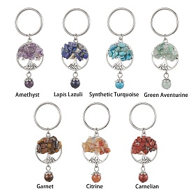7pcs 7 styles porte-clés de pierres précieuses, avec apprêts en alliage et 304 porte-clés fendus en acier inoxydable, arbre de la vie