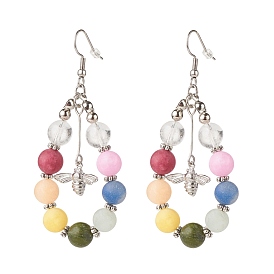 Pendientes colgantes de lágrima trenzada de piedras preciosas naturales mixtas con dijes de abeja de latón, 304 aretes colgantes grandes con envoltura de alambre de acero inoxidable para mujer