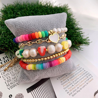 5Pcs 5 Style Rainbow Color Pride Flag Natural Pearl & Polymer Clay Fruit & Heishi Braided Bead Bracelets Set, Alloy Coffee Bean Link Bracelets with Heart Charm for Women