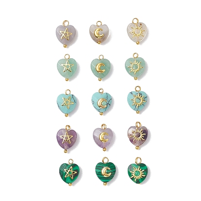 15 шт. 15 стили ограненные сердечки из драгоценных камней с латунными солнечными звездами и лунными ломтиками, натуральный аметист, серый агат, зеленый авантюрин, синтетический малахит и бирюза