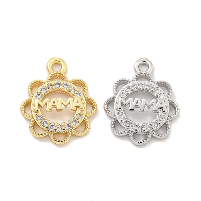Подвески из латуни с микро паве ко Дню матери, прозрачные подвески с кубическим цирконием, без кадмия, без никеля и без свинца, цветок со словом мама