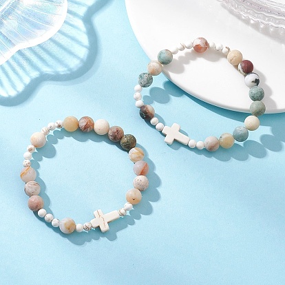 2шт. браслеты из натурального бамбукового агата, древесного агата, магнезита и синтетической бирюзы для женщин, круглый и крест