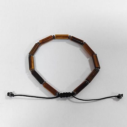 Adjustable Nylon Cord Natural Tiger Eye Braided Bead Bracelets for Women Men, with Grade AA Non-magnetic Synthetic Hematite Beads