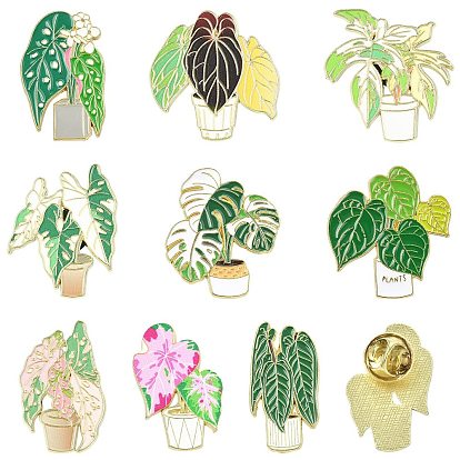 9Pcs 9 Styles Plant Theme Enamel Pin, Alloy Lapel Pin Backs for Backpack Clothes, Golden
