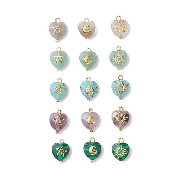 15 шт. 15 стили ограненные сердечки из драгоценных камней с латунными солнечными звездами и лунными ломтиками, натуральный аметист, серый агат, зеленый авантюрин, синтетический малахит и бирюза
