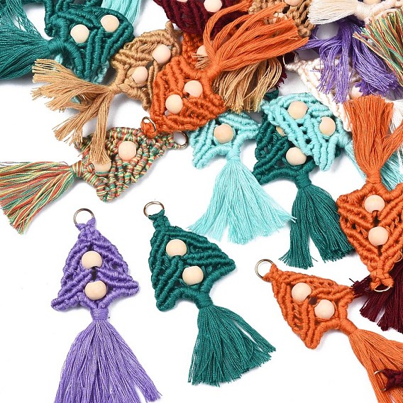 Polycotton(Polyester Cotton) Tassel Big Pendant Decorations, with Iron Findings and Unfinished Wood , Golden