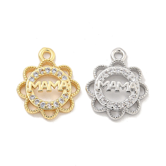 Подвески из латуни с микро паве ко Дню матери, прозрачные подвески с кубическим цирконием, без кадмия, без никеля и без свинца, цветок со словом мама