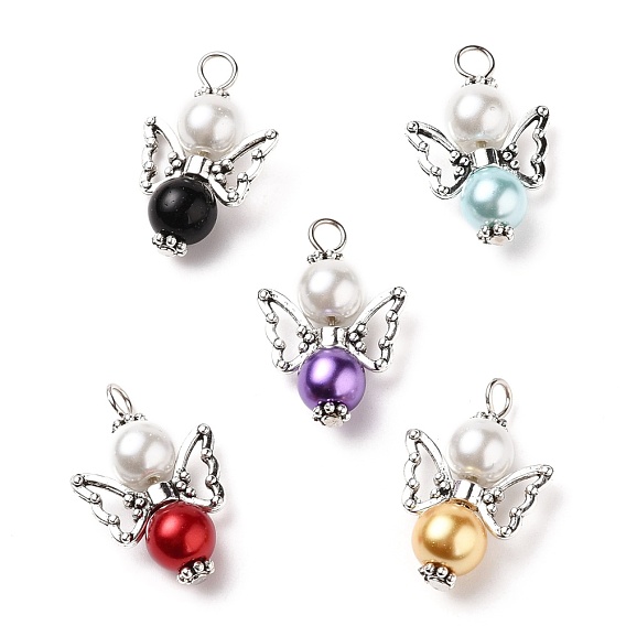 Alloy Pendants, with Mixed Color Glass Pearl Beads, Tibetan Style Alloy Beads, Angel