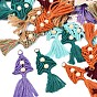 Polycotton(Polyester Cotton) Tassel Big Pendant Decorations, with Iron Findings and Unfinished Wood , Golden