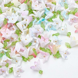 100 шт. Непрозрачные подвески из акрила, лилии прелести, с акриловыми бусинами под жемчуг и петлей из золотистой латуни с шарообразными головками