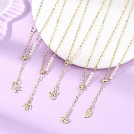 Adjustable Brass Cable Chain & Paperclip Chain Lariat Necklaces, Brass Micro Pave Clear Cubic Zirconia Tassel Necklaces with Potato Natural Pearl Beads, White