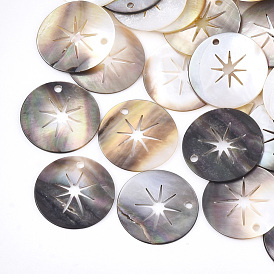 Black Lip Shell Pendants, Flat Round with Star