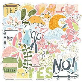 Tea Time Theme PVC Plastic Sticker Labels, Waterproof Decals for Suitcase, Skateboard, Refrigerator, Helmet, Mobile Phone Shell, Flower & Tea Cup & Note & Glasses