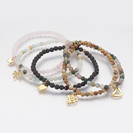 Natural Gemstone Beaded Stretch Bracelets, with 304 Stainless Steel Charms, Golden