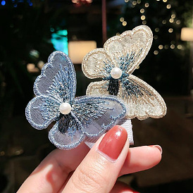 Embroidered Butterfly Bow Hair Clip with Pearl and Lace for Girls