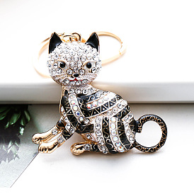 Colorful diamond-encrusted cartoon cat creative metal key chain pendant car pendant small gift
