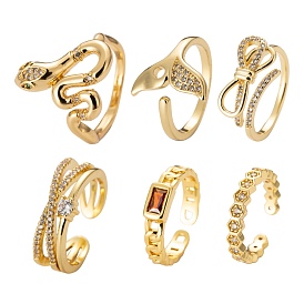 6Pcs 6 Styles Adjustable Brass Micro Pave Clear Cubic Zirconia Cuff Rings, Open Rings, Long-Lasting Plated, Snake & Fishtail & X Ring & Hexagon & Curb Chain Shape & Bowknot