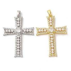 Rack Plating Brass Micro Pave Cubic Zirconia Pendants and ABS Imitation Pearl, Lead Free & Cadmium Free, Long-Lasting Plated, Cross