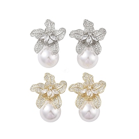 Brass with Resin Imitation Pearl Stud Earrings, with Micro Pave Cubic Zirconia Flower