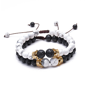 8mm Volcanic Stone White Howlite Couple Bracelet with Copper Crown Charm and Micro Inlaid Zircon, Fashionable Jewelry Gift Set