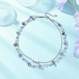 Натуральный аметист, крошка, стекло и 304 нержавеющая сталь, двухслойные ожерелья ручной работы для женщин