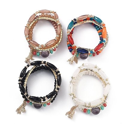 Alloy Rhinestone Cup Chain & Multi-layered Stretch Bracelets Sets, Stackable Bracelets, with Acrylic Beads, Golden Plated Alloy Findings, Eiffel Tower