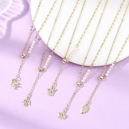 Adjustable Brass Cable Chain & Paperclip Chain Lariat Necklaces, Brass Micro Pave Clear Cubic Zirconia Tassel Necklaces with Potato Natural Pearl Beads, White