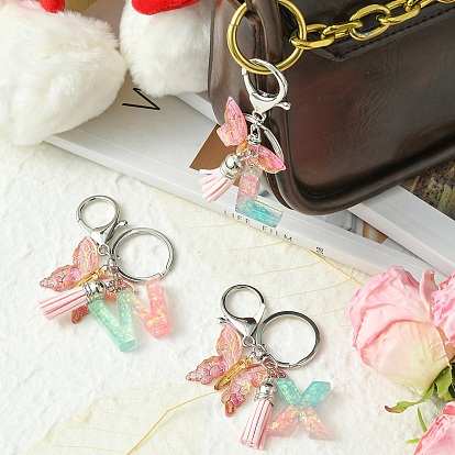 Resin & Acrylic Keychains, with Alloy Split Key Rings and Faux Suede Tassel Pendants, Letter & Butterfly