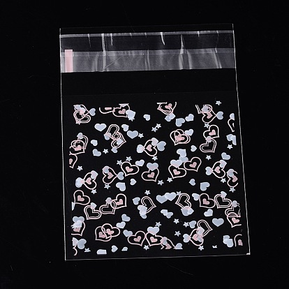Rectangle OPP Cellophane Bags, with Heart Pattern, 9.9x6.9cm, Bilateral Thickness: 0.07mm, about 95~100pcs/bag